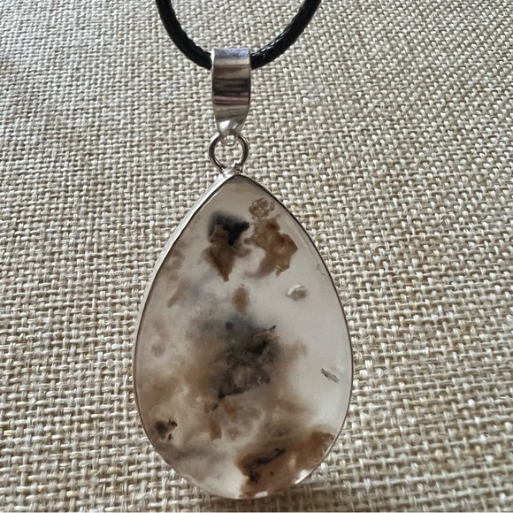 New Tiger Dendrite Dendritic Agate Stone Silver Overlay Pendant Necklace w Cord - Picture 2 of 5